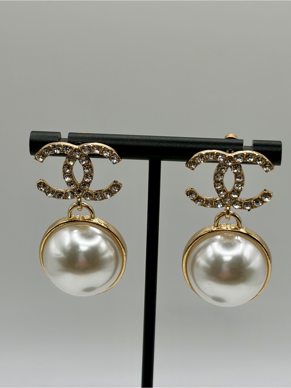 Gold-Tone Pearl Drop Crystal Monogram Earrings - White Pearl